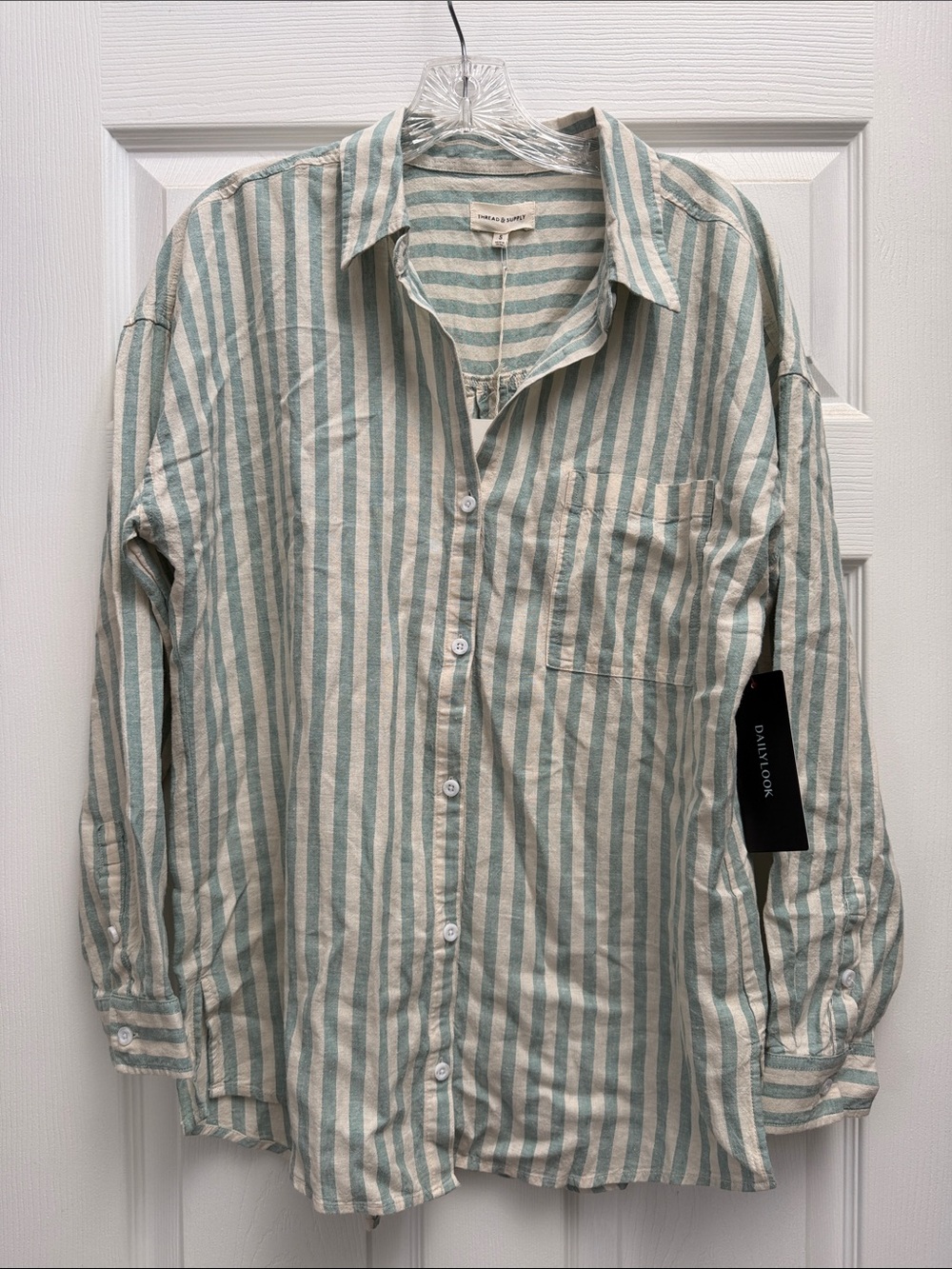 Thread & Supply Vertical Green and Cream Striped Button-Down Shirt